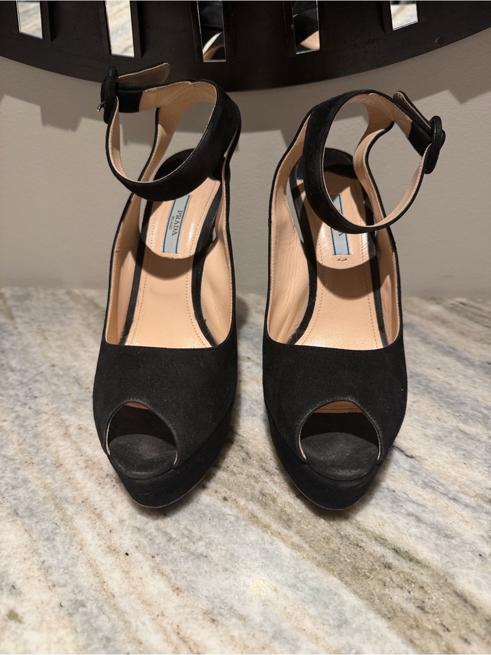 Prada Black Suede Peep-Toe Ankle Strap Platform 5.7” Heels
